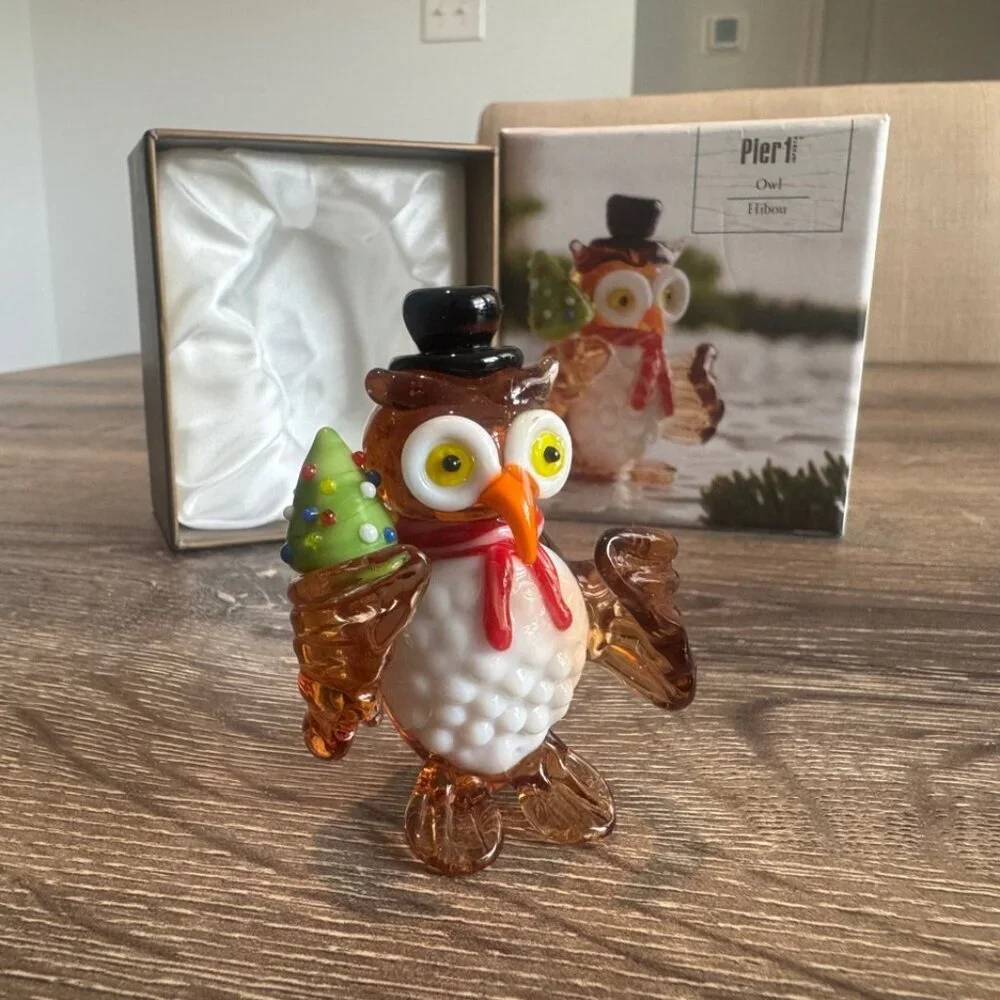 Pier 1 Hand Blown Glass Christmas Owl Figurine